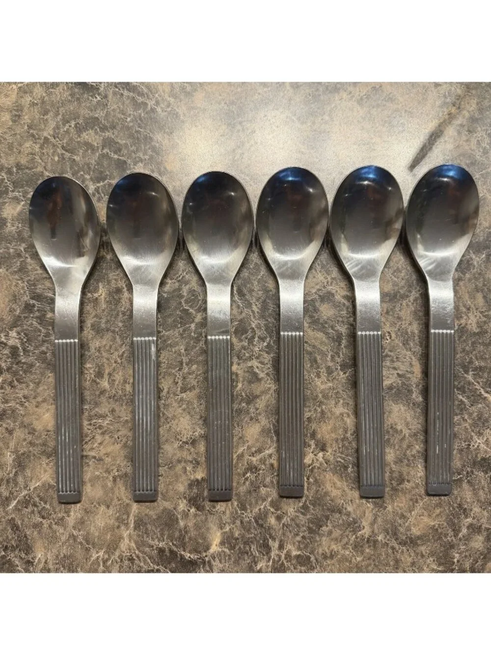 6 Dansk Thebe Stainless Place Oval Soup Spoons Japan Satin Ribbed Flatware